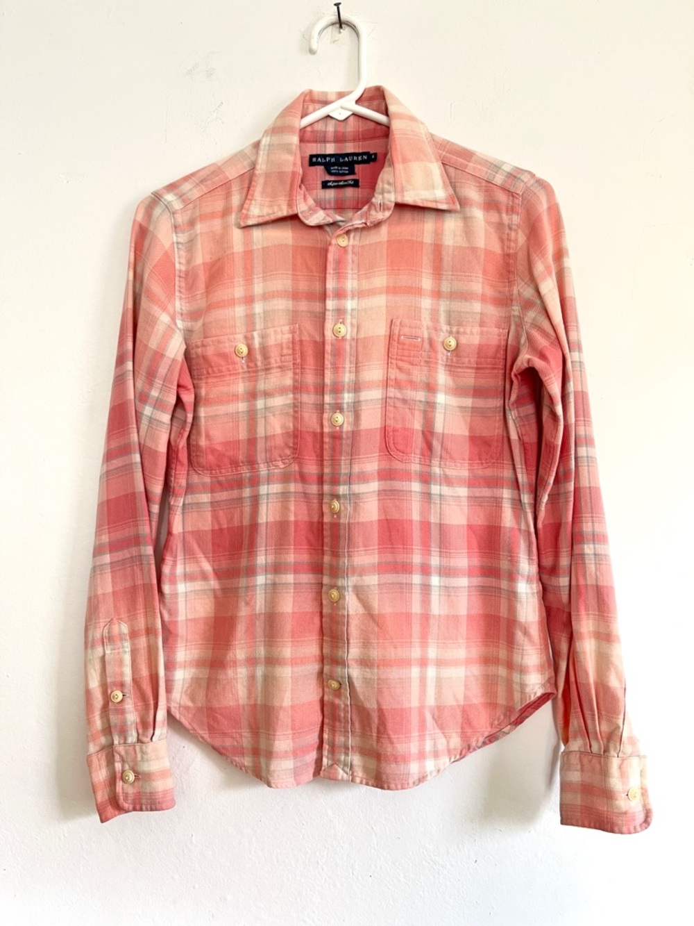 Ralph Lauren | Super Slim Fit Cotton Button Down Top | Pink Plaid | Size 6